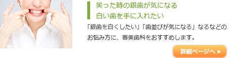 笑った時の銀歯が気になる
白い歯を手に入れたい「銀歯を白くしたい」「歯並びが気になる」なるなどの
お悩みの方に、審美歯科をおすすめします。
